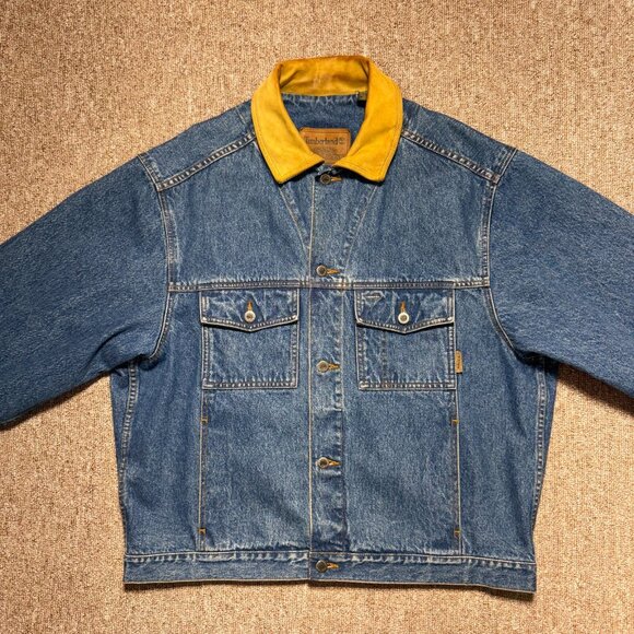 Vintage Timberland Classic Blue Denim Jacket Tam Leather Collar Weathergear Jean - Picture 3 of 13
